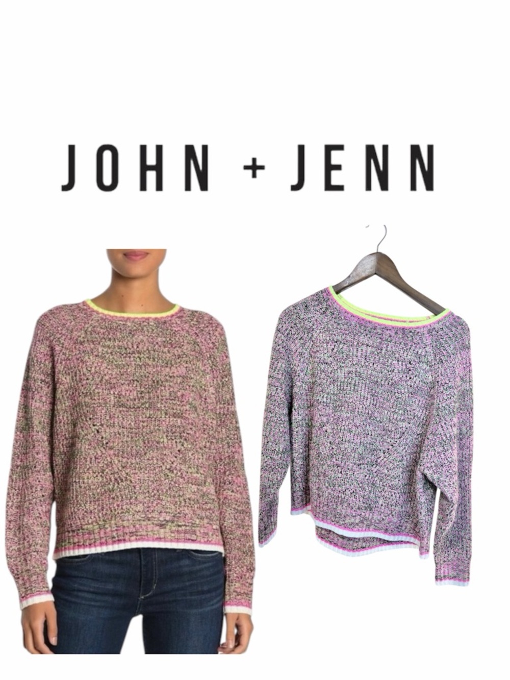 John + Jenn Pink Mélange Knit Sweater with Neon Trim size Medium